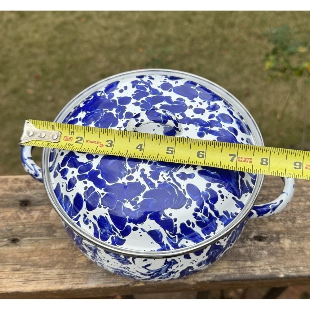 Blue & White Enamel Stock‎ Pot with Lid – Splatterware Style 10